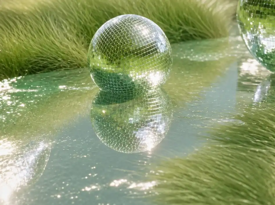 Disco ball in a reflective green landscape