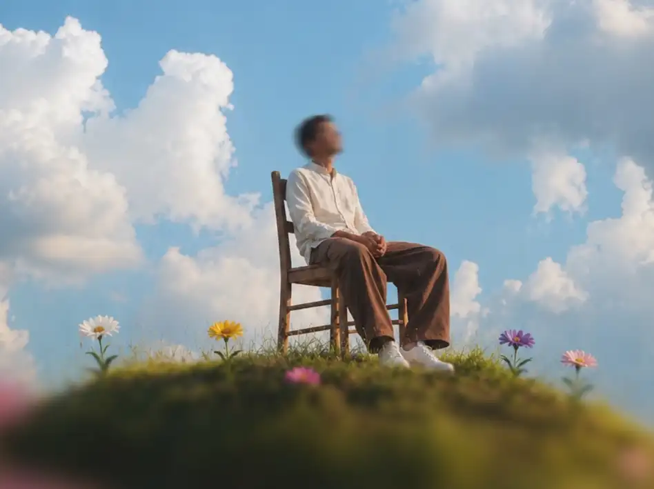 Person seated on a chair atop a grassy hill under blue sky